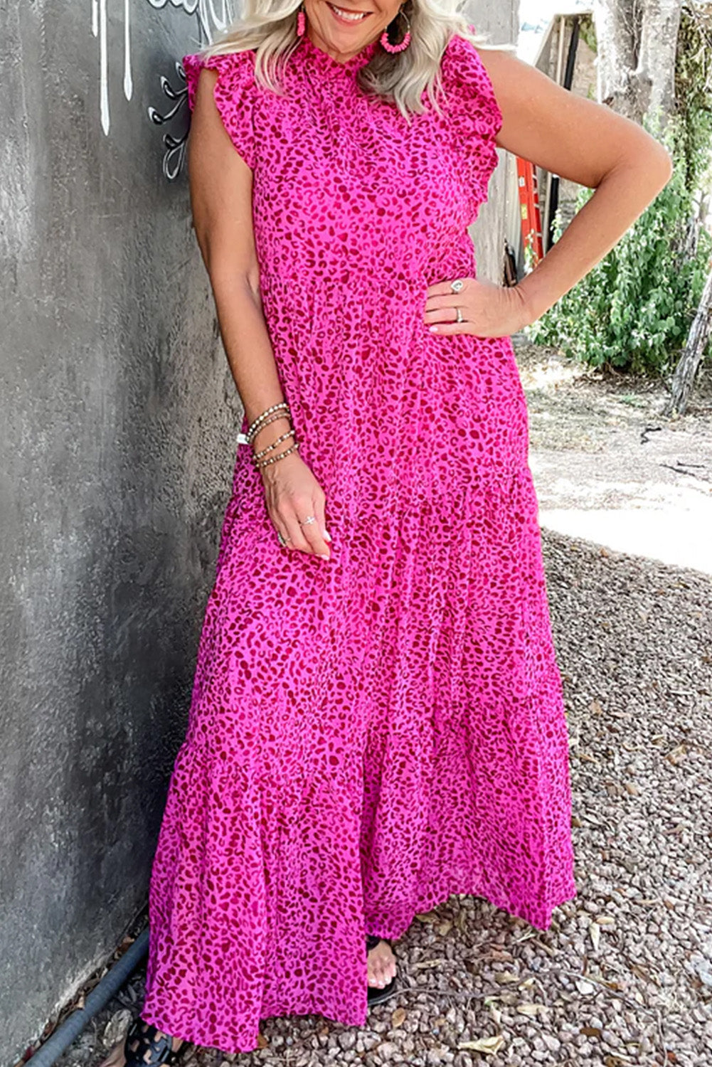 Rose Red Leopard Print Ruffle Sleeveless Maxi Dress