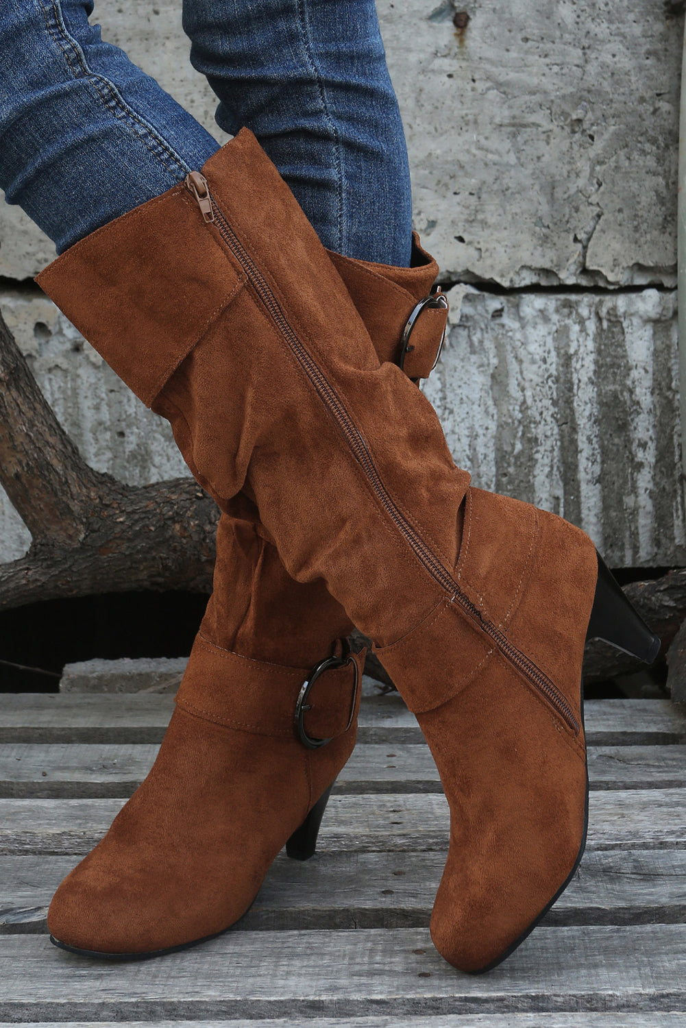 Chestnut Buckle Decor Ruched Zipper Heeled Boots