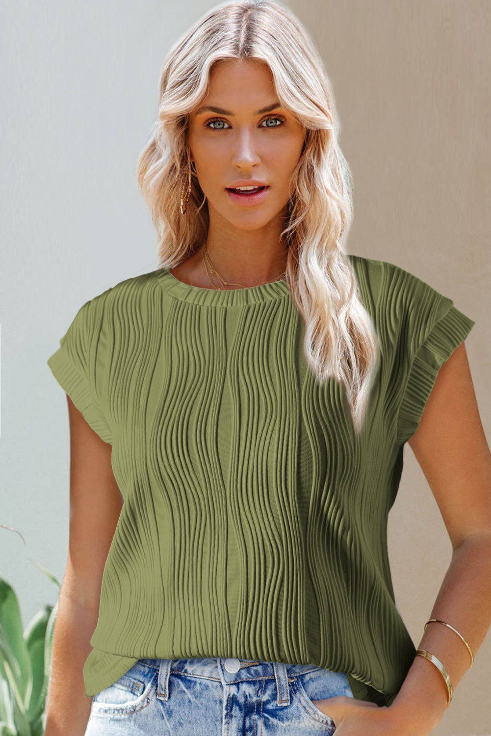 Solid Color Wavy Textured Cap Sleeve Top