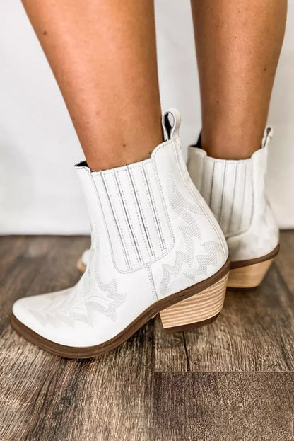 Embroidered Leather Thick Heel Booties