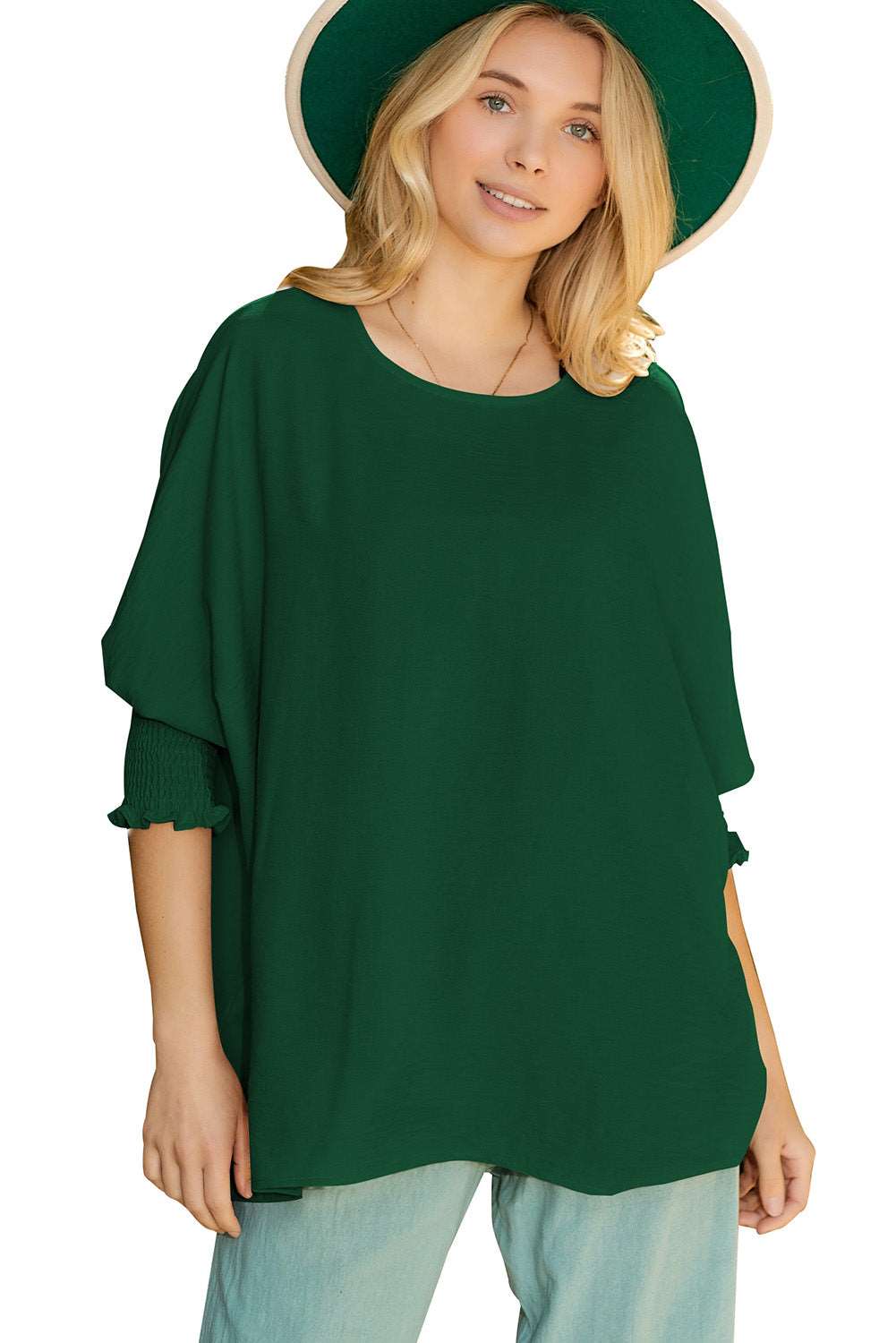 Casual Shirred Cuffs Half Sleeve Top