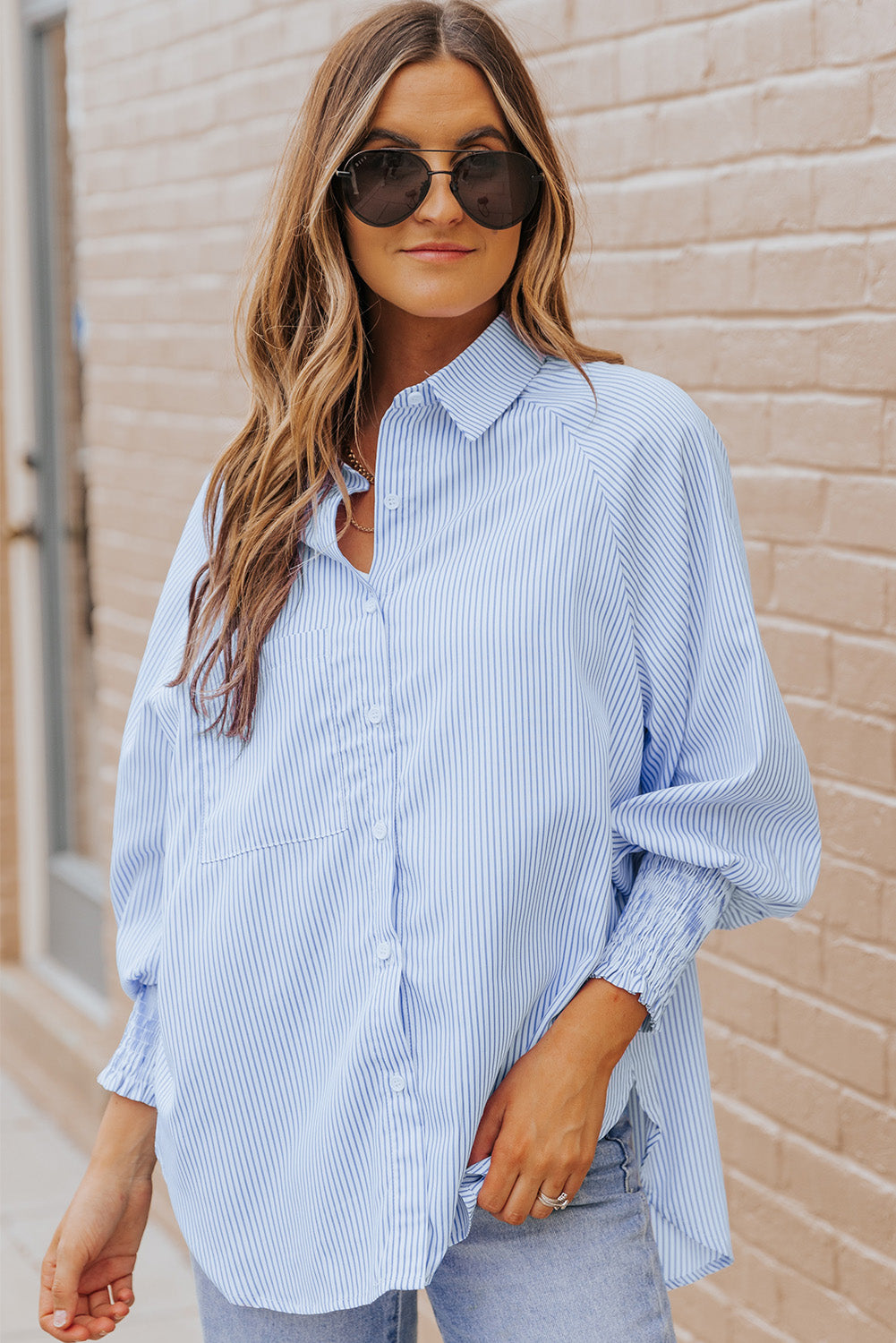 Striped Casual Shirred Cuffs Shirt