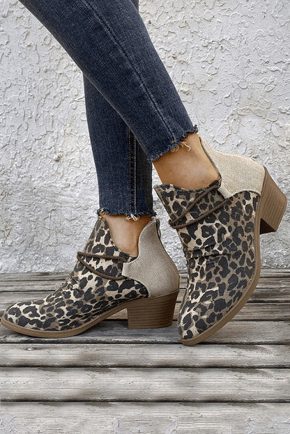 Leopard Retro Canvas Patchwork Chunky Heel Booties