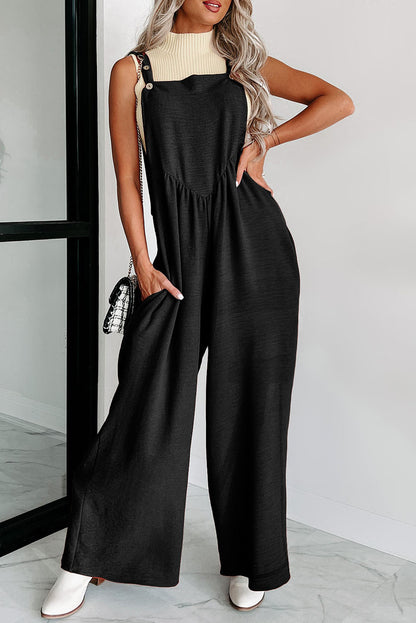 Gold Flame Textured Buttoned Straps Ruched Wide Leg Jumpsuit