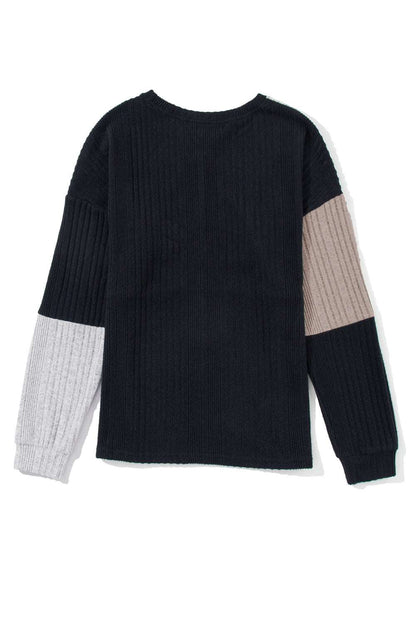 Black Colorblock Textured Knit Long Sleeve Top