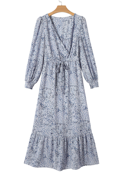 Sky Blue Printed Surplice V Neck Bubble Sleeve Sash Maxi Dress