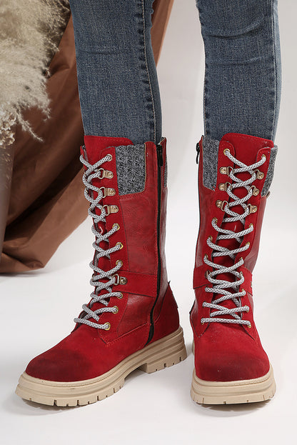 Coffee Wool Knit Patchwork Lace Up Leather Boots