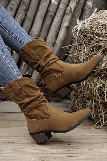 Chestnut Thick Heeled Scrunch Suede Pointed Toe Boots