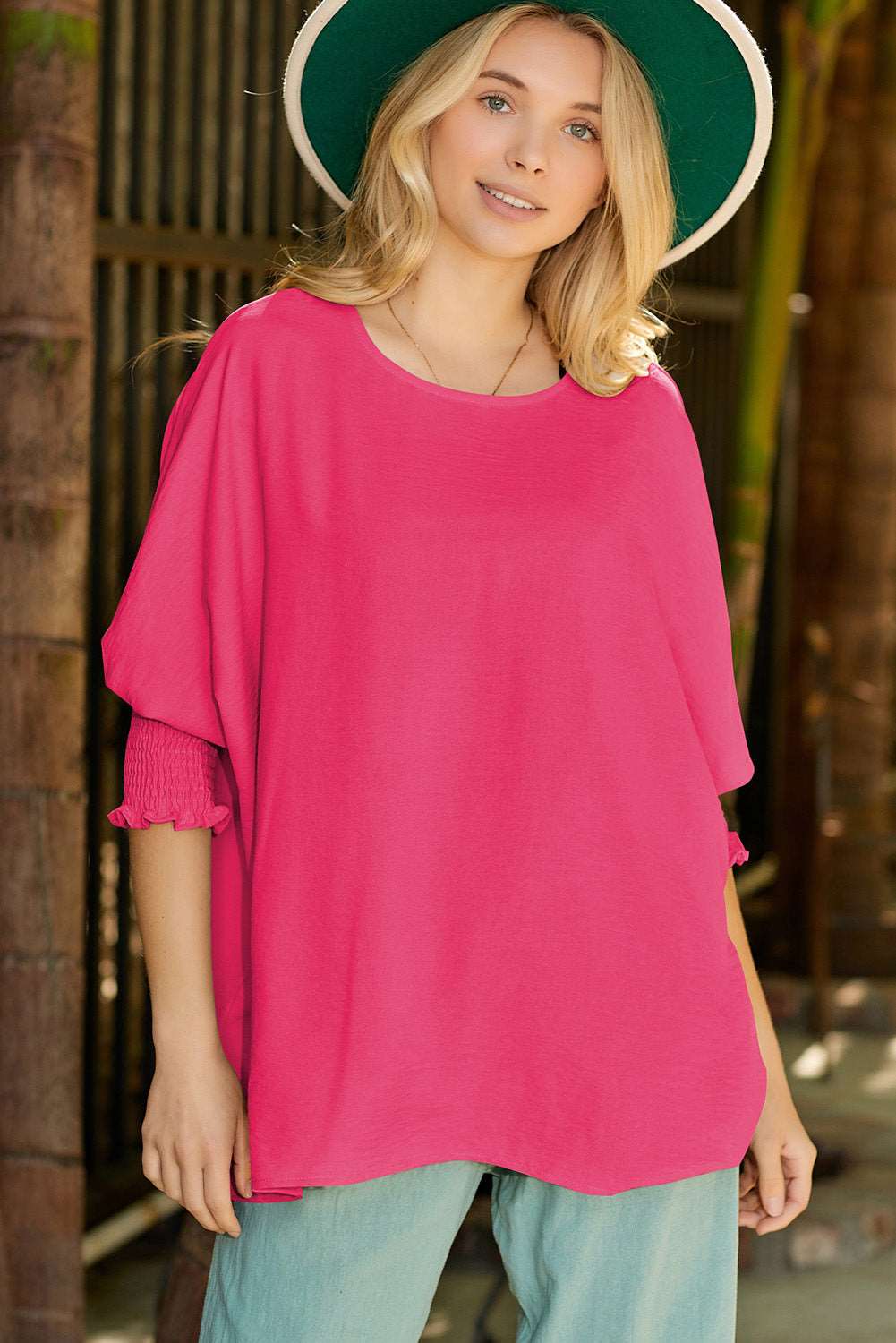 Casual Shirred Cuffs Half Sleeve Top