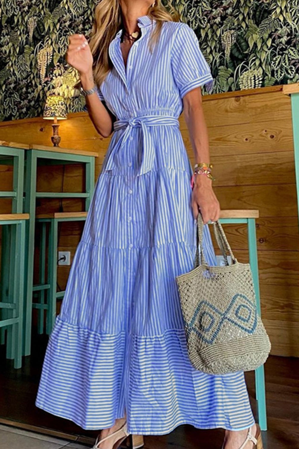 Blue Striped Button Front Belted Shirt Collar Maxi Dress