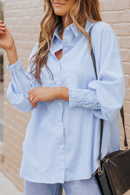 Striped Casual Shirred Cuffs Shirt