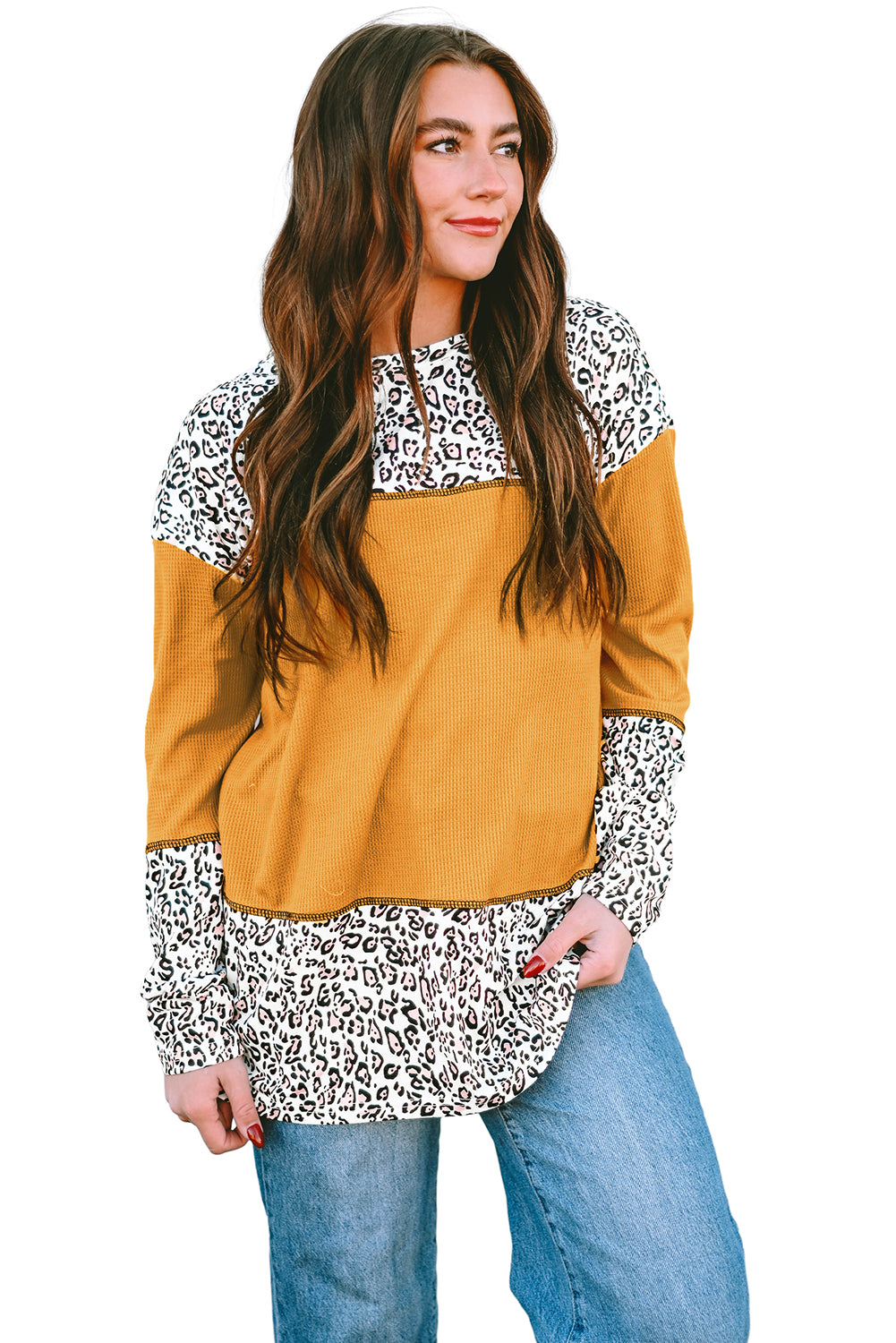 Leopard Print Waffle Knit Patchwork Top