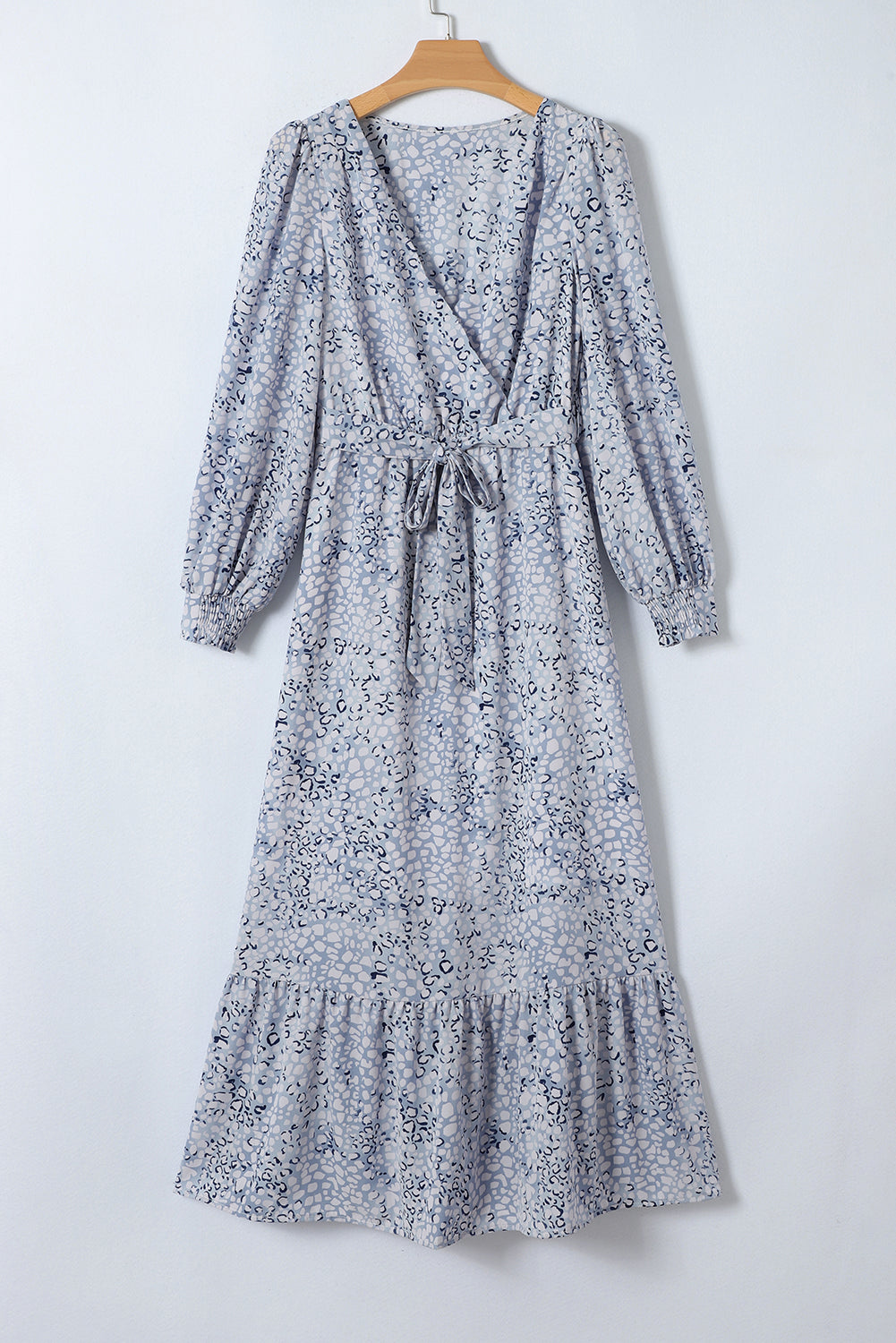 Sky Blue Printed Surplice V Neck Bubble Sleeve Sash Maxi Dress