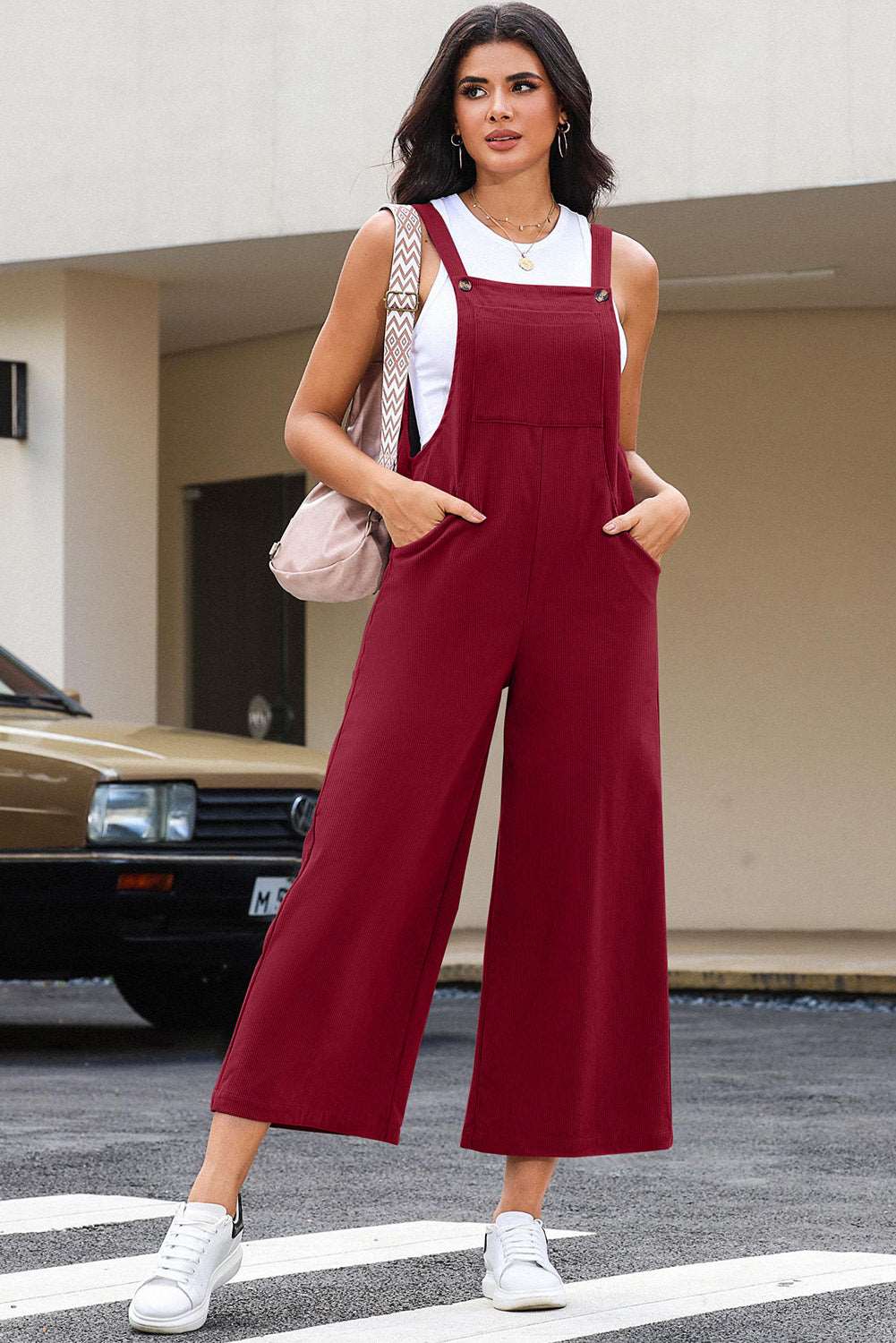 Black Corduroy Side Pockets Wide Leg Overalls Jumpsuits