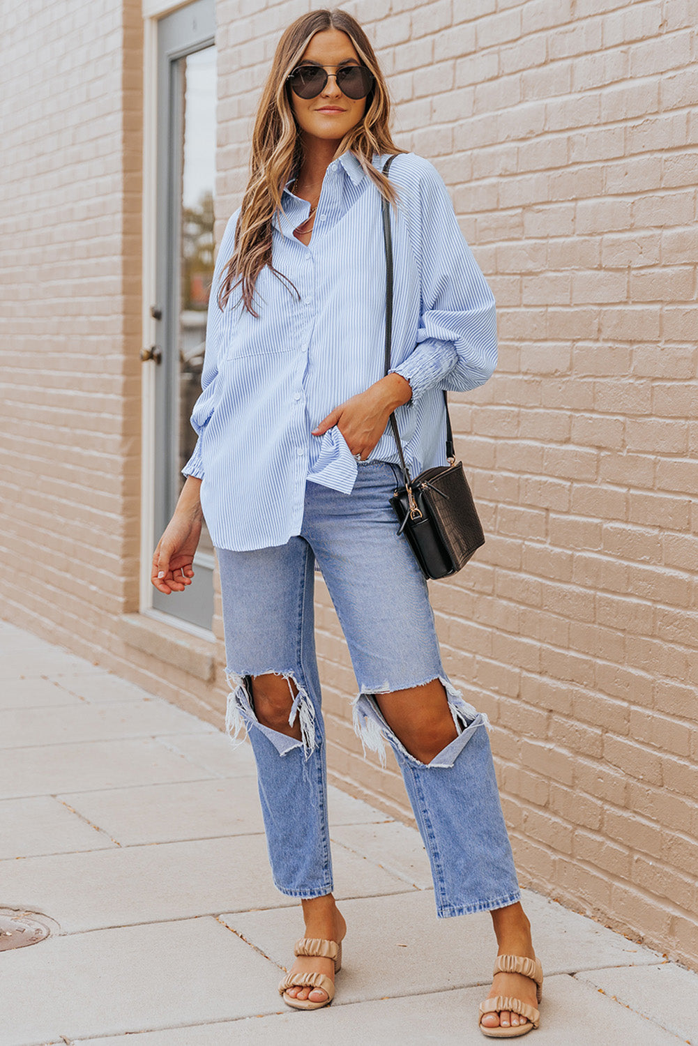 Striped Casual Shirred Cuffs Shirt