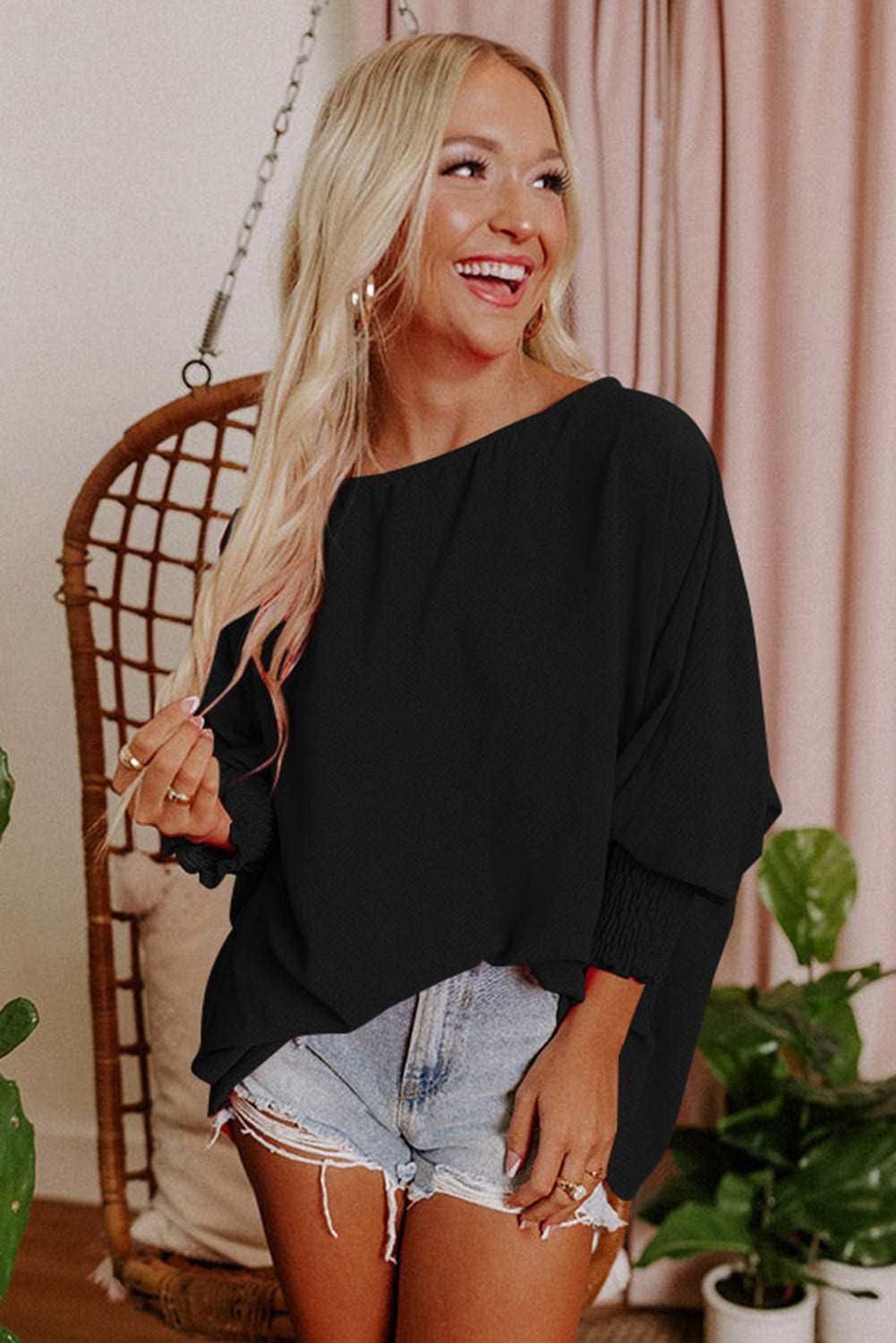 Casual Shirred Cuffs Half Sleeve Top