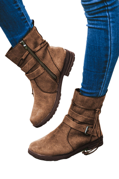 Faux Suede Zip Up Buckle Straps Ankle Boots