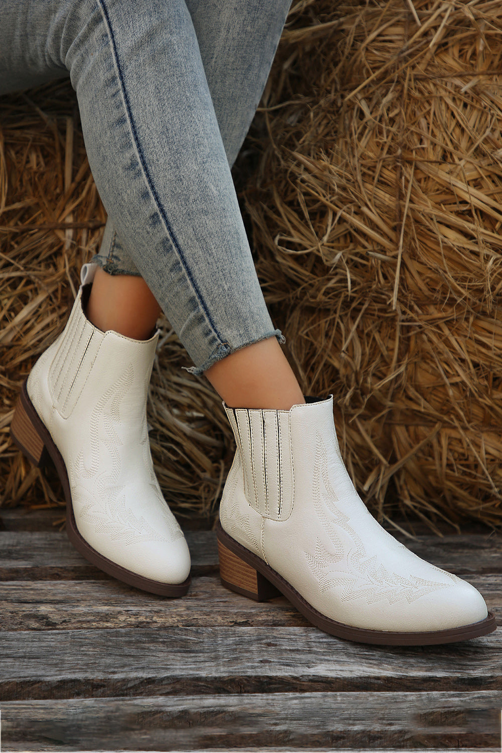 Embroidered Leather Thick Heel Booties