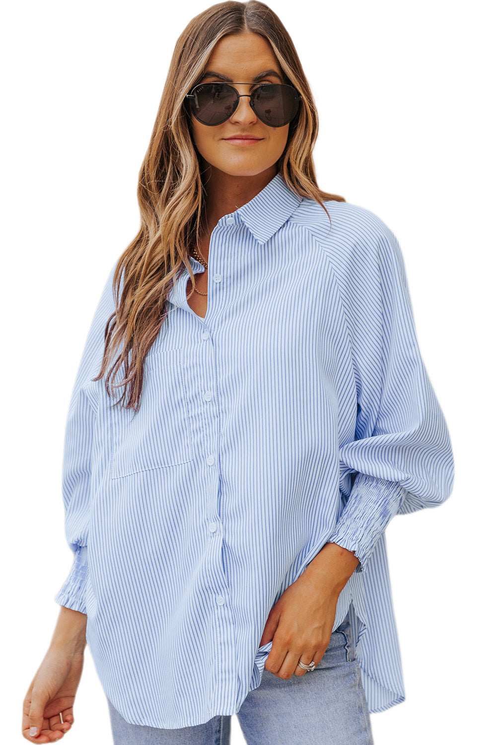 Striped Casual Shirred Cuffs Shirt