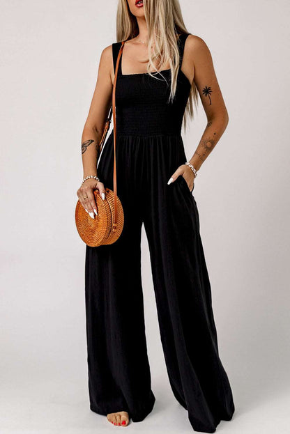 Casual Smocked Pocketed Wide Leg Jumpsuit