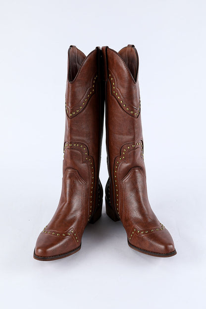 Brown Vintage Rivet Studded Faux Leather Boots