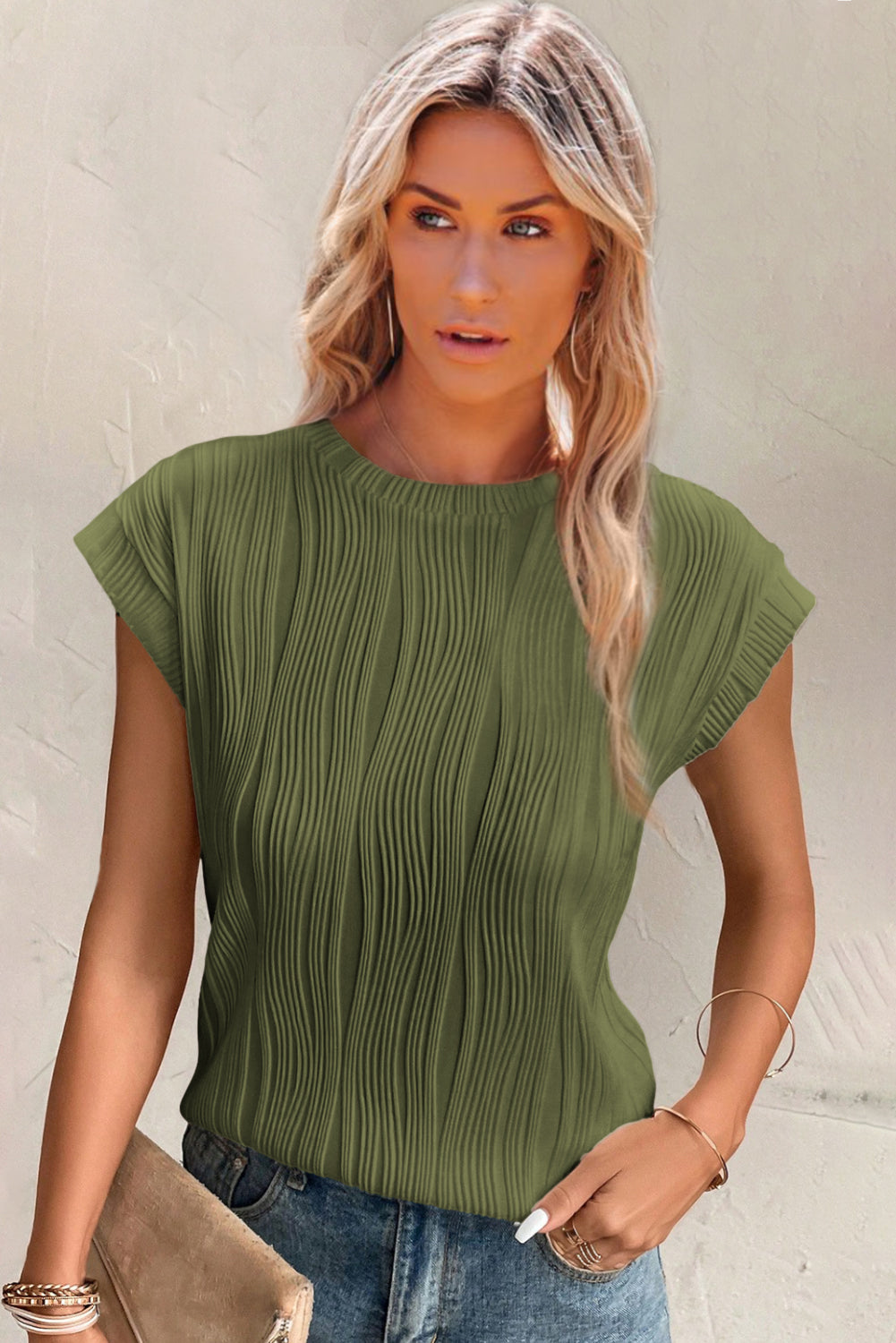 Solid Color Wavy Textured Cap Sleeve Top