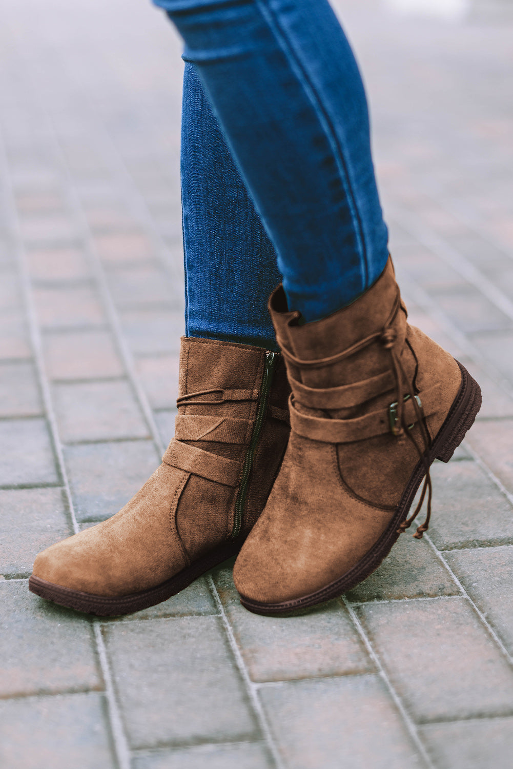 Faux Suede Zip Up Buckle Straps Ankle Boots