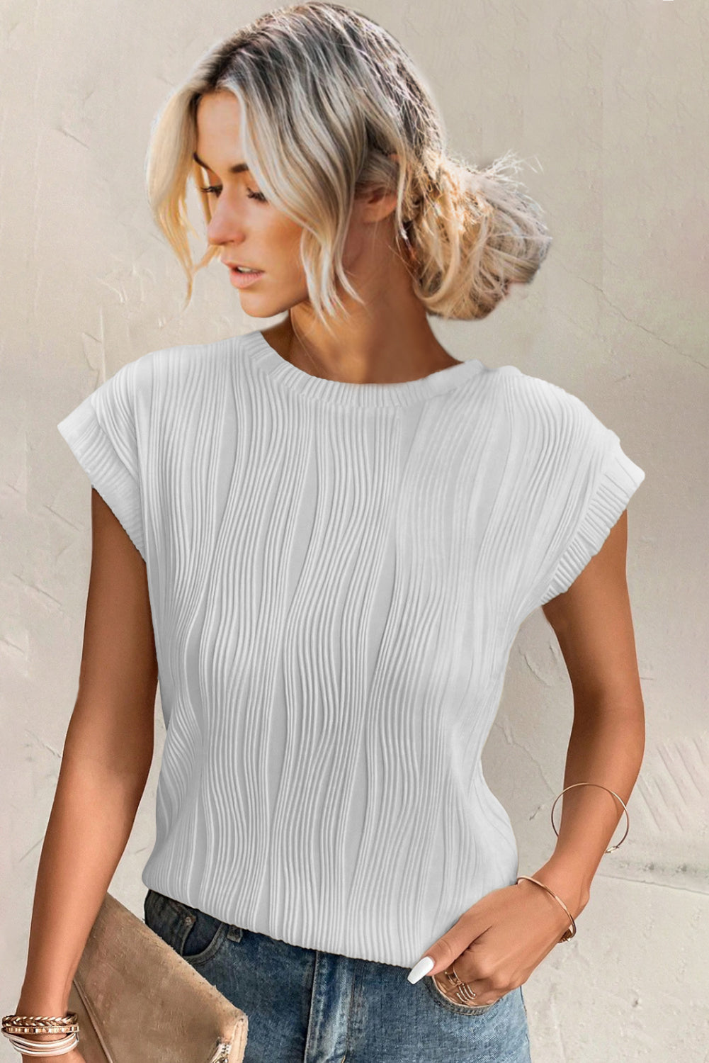 Solid Color Wavy Textured Cap Sleeve Top