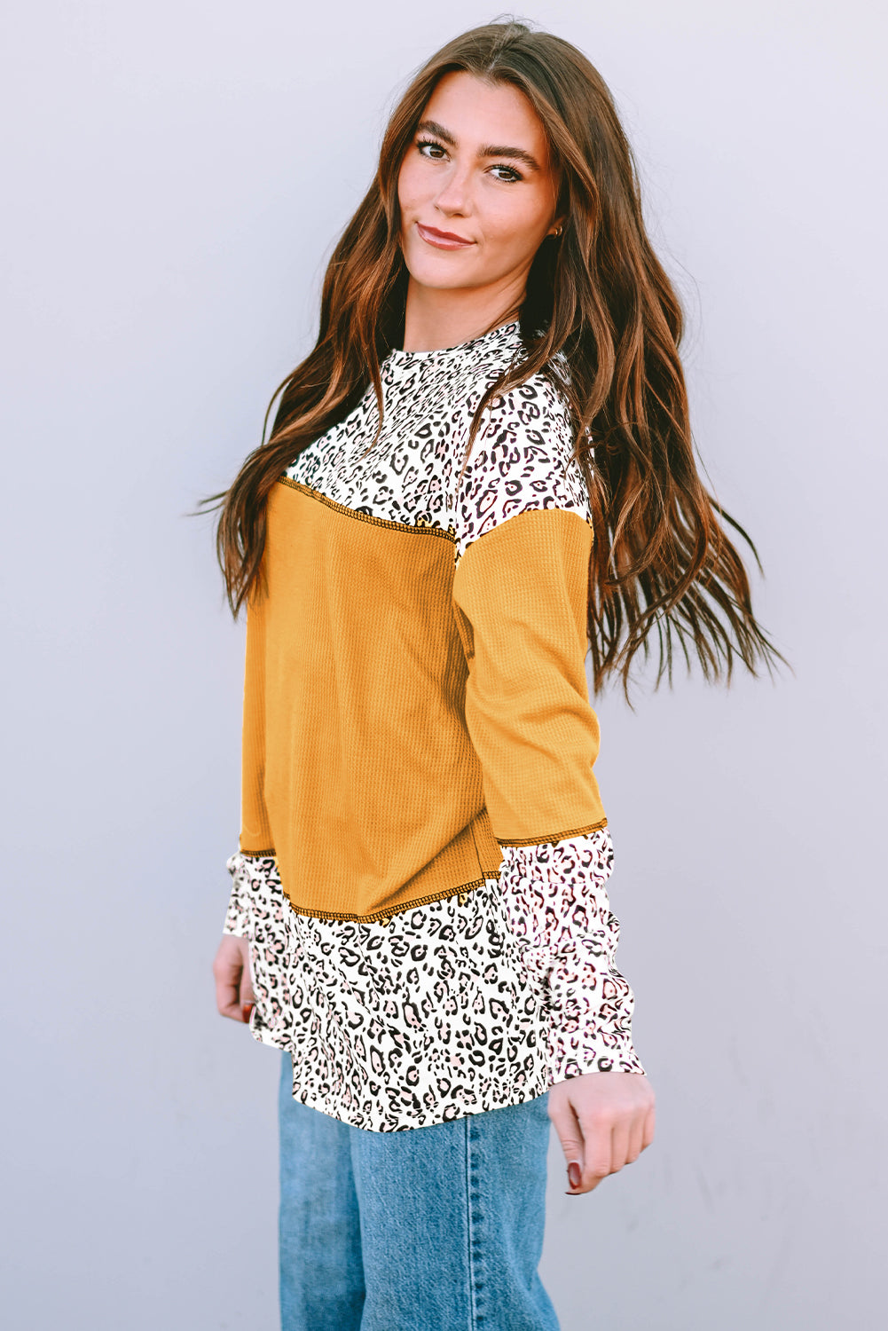 Leopard Print Waffle Knit Patchwork Top