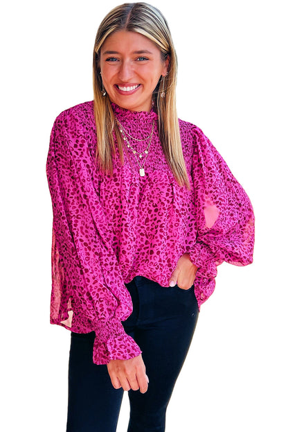 Rose Leopard Shirred Puff Sleeve Flowy Blouse