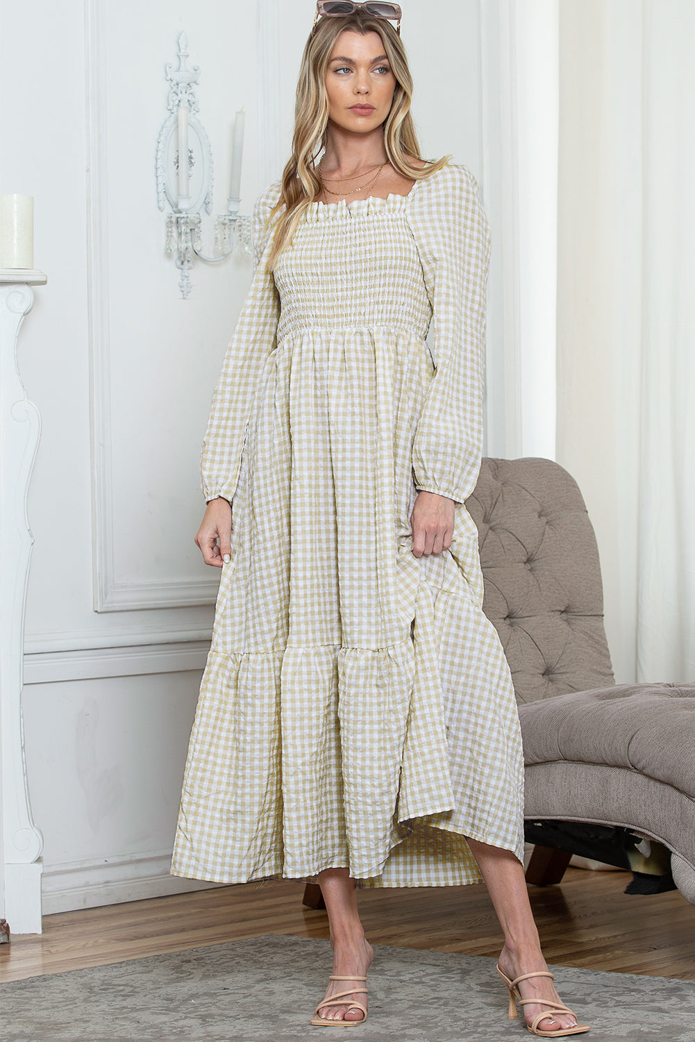 Khaki Plaid Ruffled Square Neck Smocked Tiered Maxi Dress