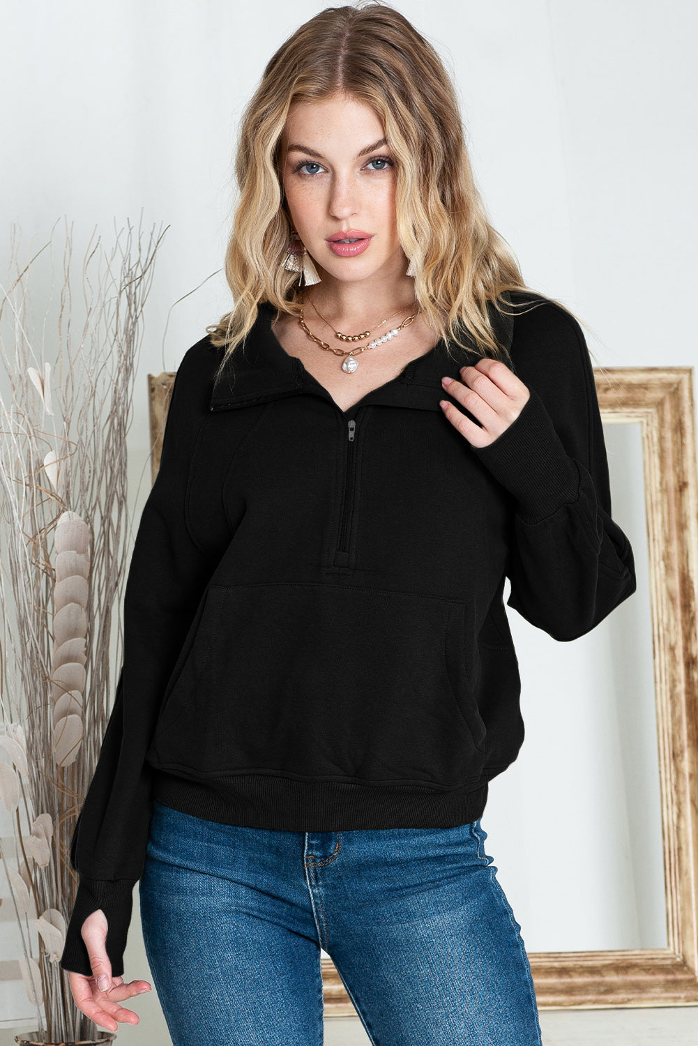 Zip Up Stand Collar Thumb hole Sleeve Sweatshirt