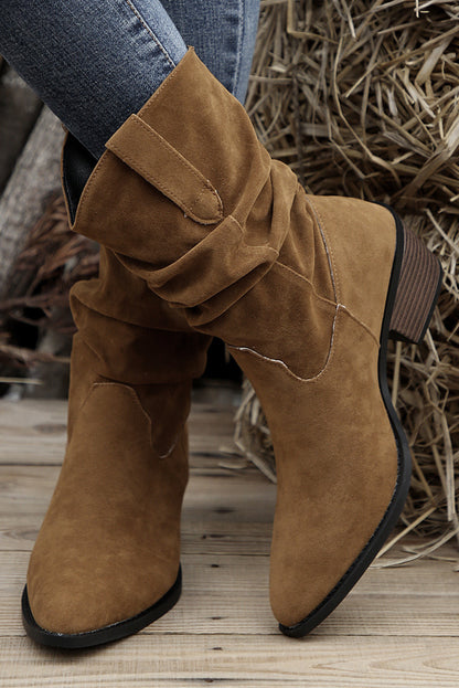 Chestnut Thick Heeled Scrunch Suede Pointed Toe Boots