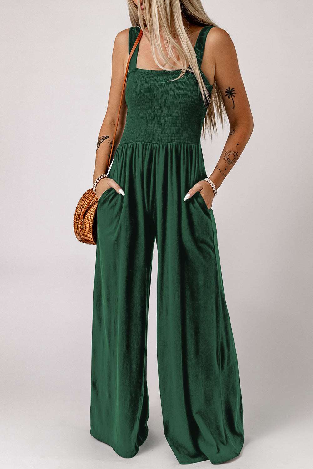 Casual Smocked Pocketed Wide Leg Jumpsuit