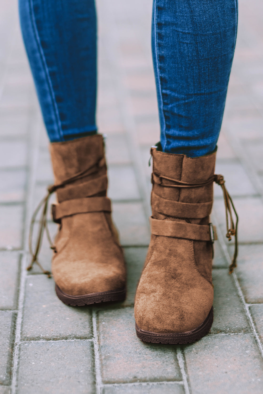 Faux Suede Zip Up Buckle Straps Ankle Boots