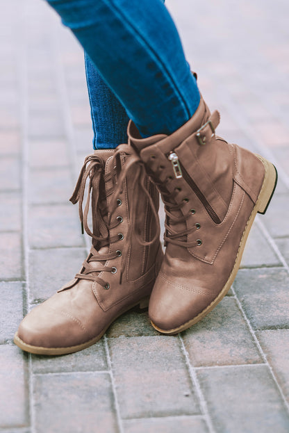 Chestnut Buckle Strap Zipper Decor Lace-up Leather Boots