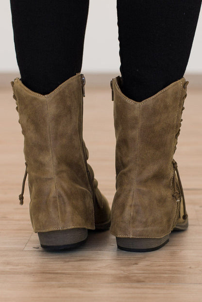 Brown Lace Detail Faux Leather Ankle Boots