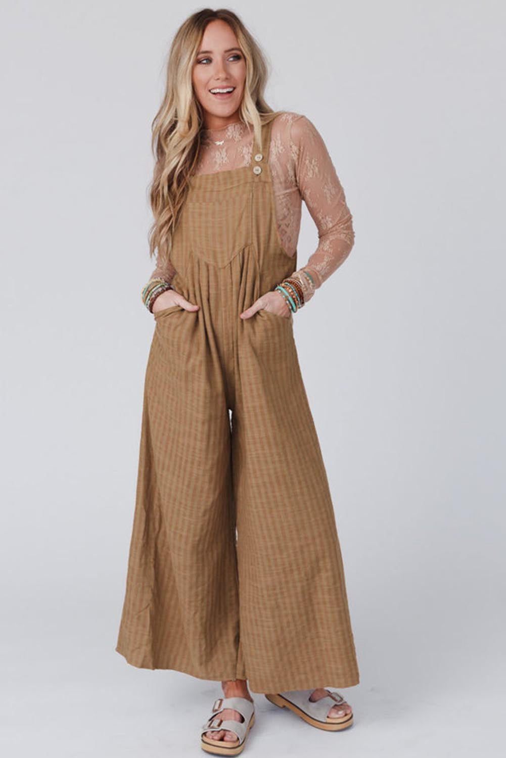 Striped Pleated Pockets Wide Leg Jumpsuit