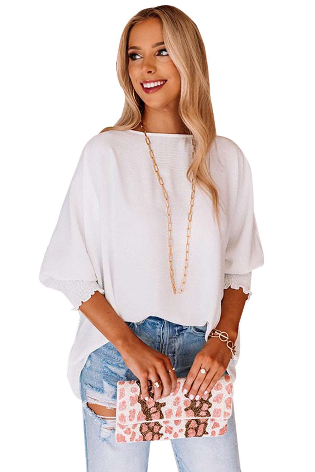 Casual Shirred Cuffs Half Sleeve Top