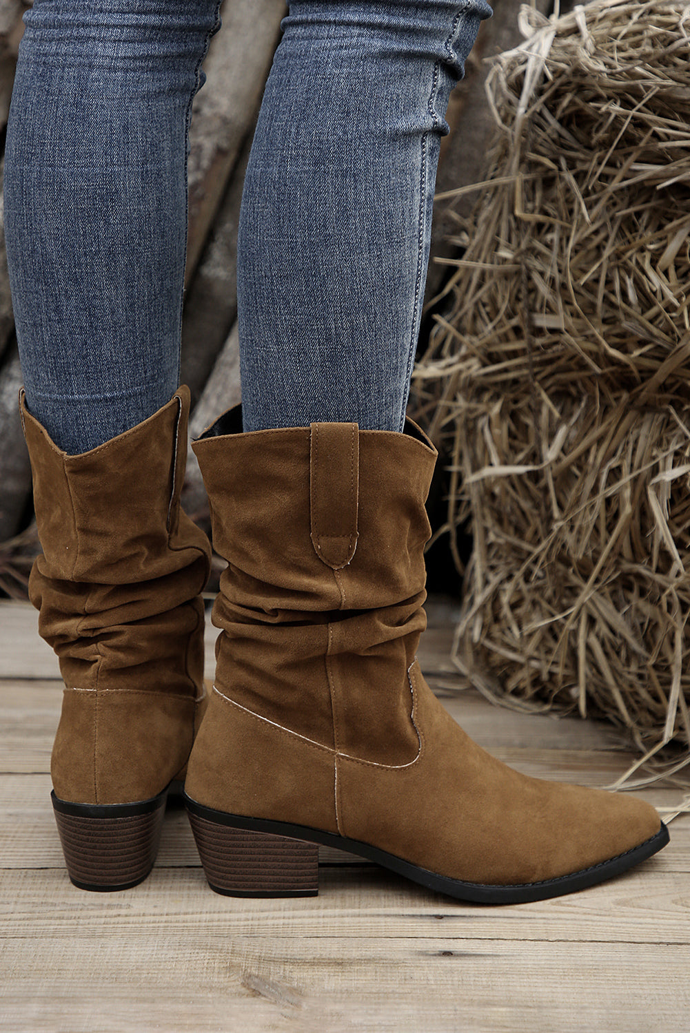 Chestnut Thick Heeled Scrunch Suede Pointed Toe Boots