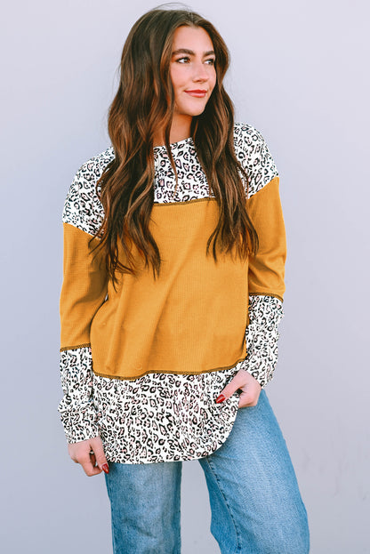 Leopard Print Waffle Knit Patchwork Top