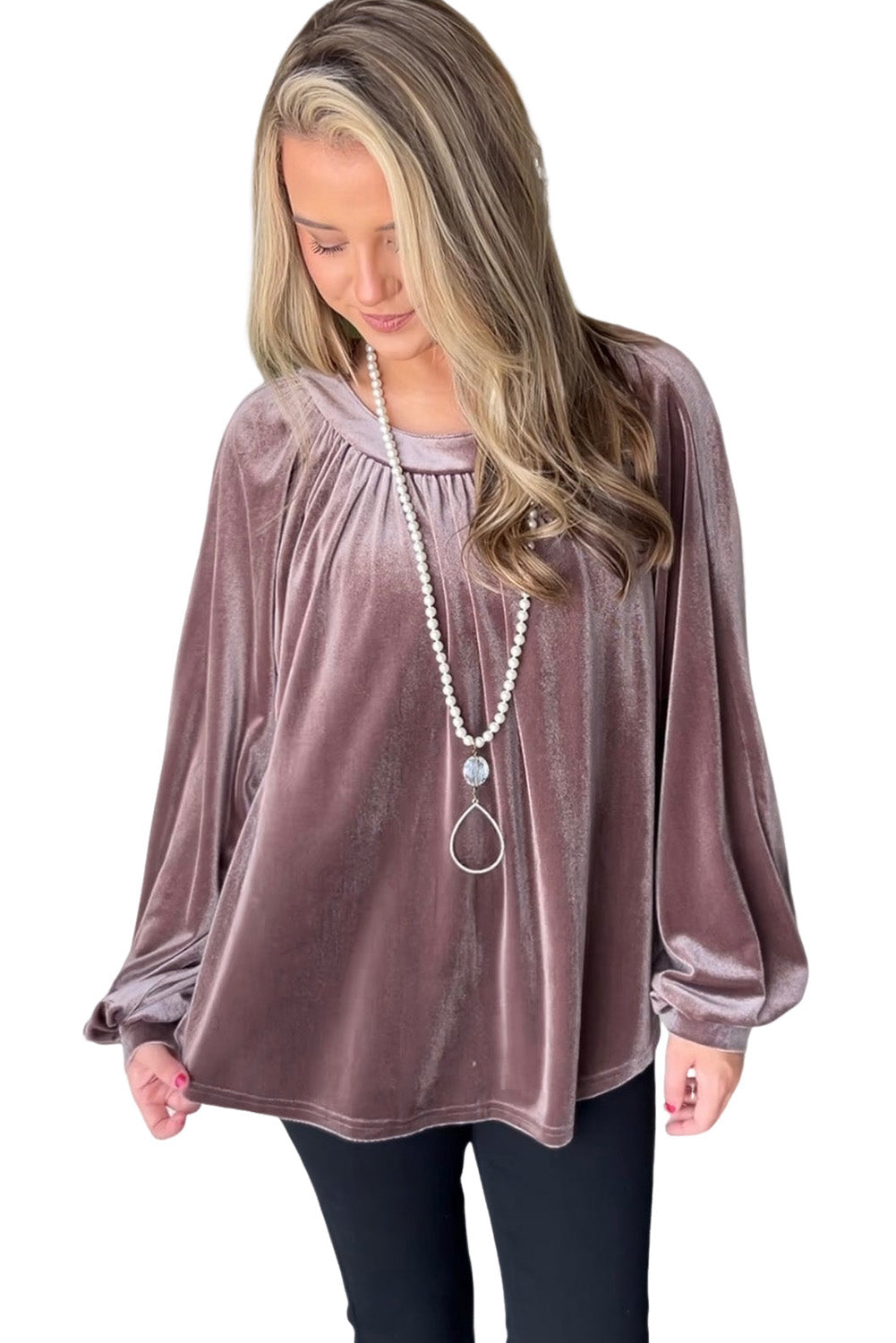 Rose Velvet Pleated Keyhole Back Bubble Sleeve Top