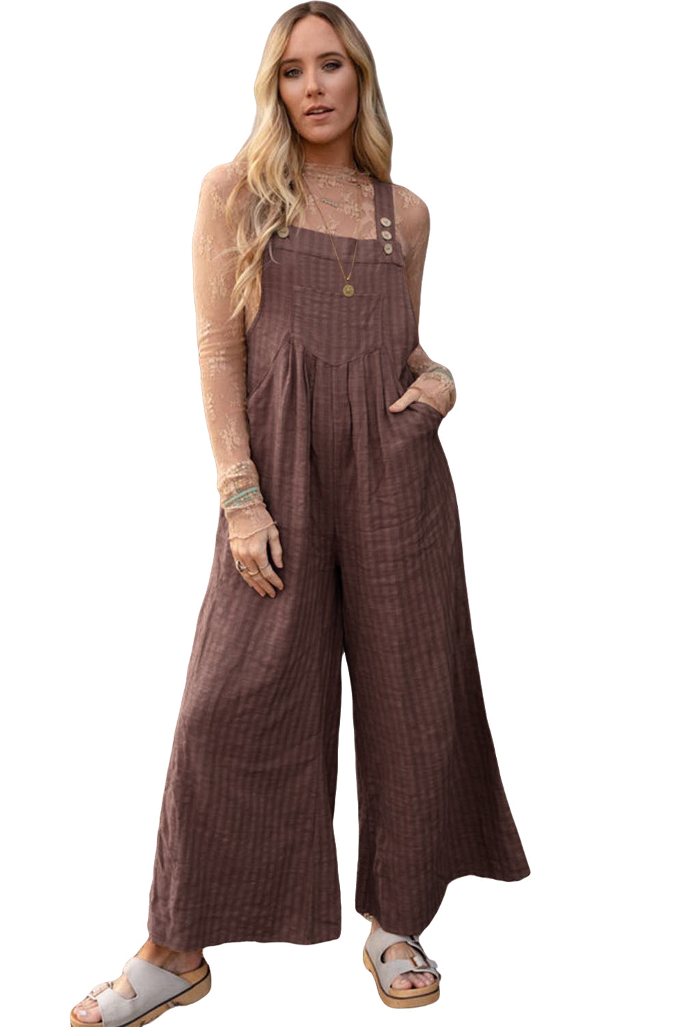 Striped Pleated Pockets Wide Leg Jumpsuit