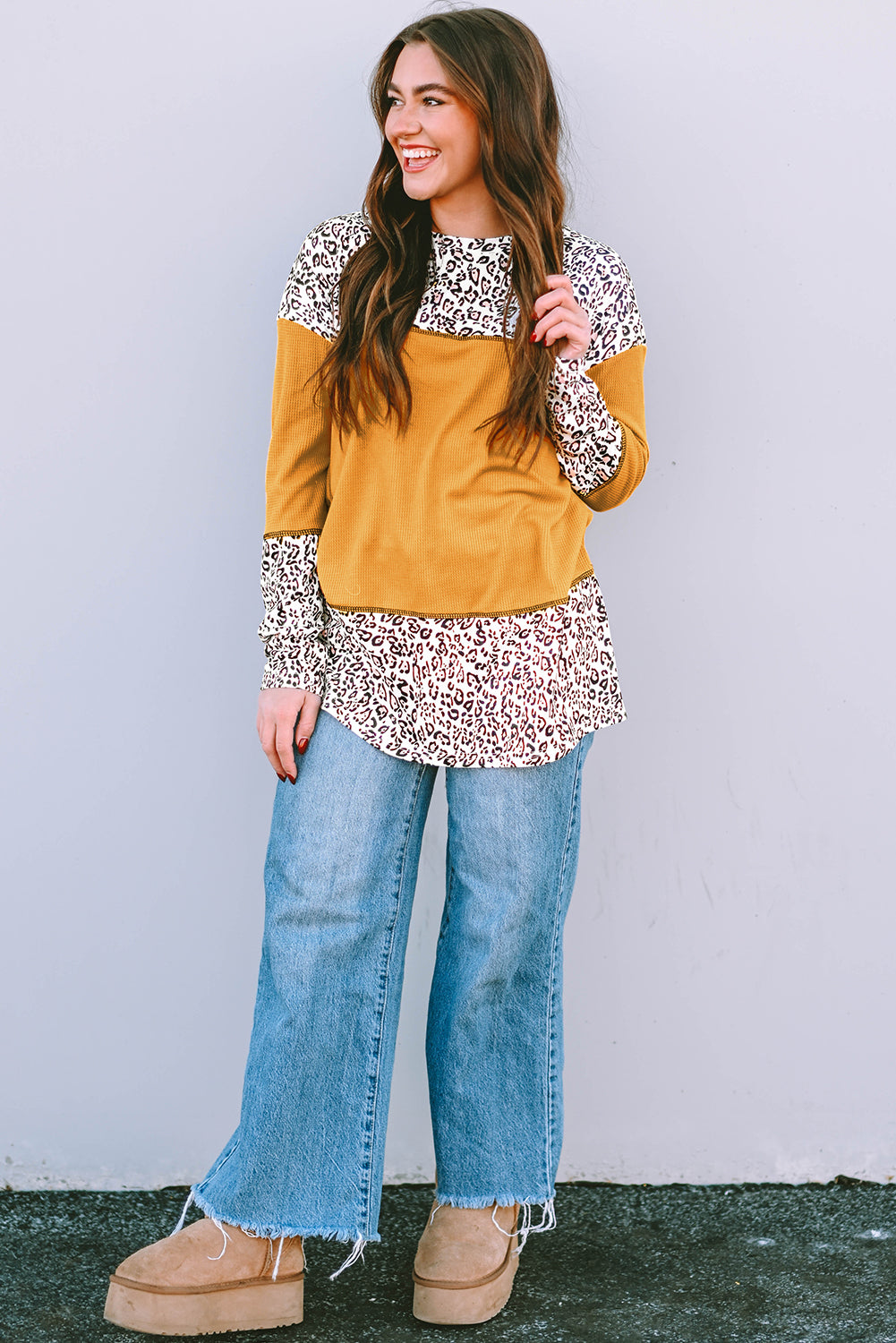 Leopard Print Waffle Knit Patchwork Top