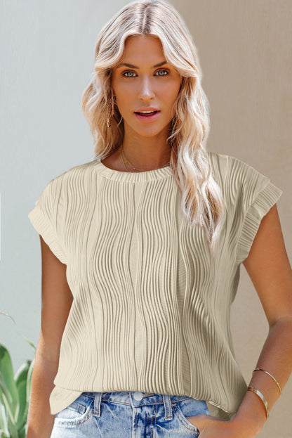 Solid Color Wavy Textured Cap Sleeve Top