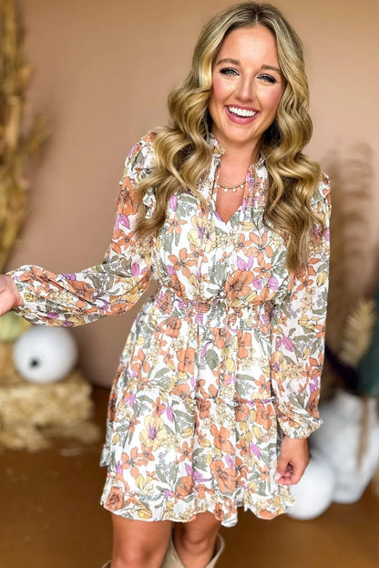 White Boho Floral Print Smocked Tiered Dress