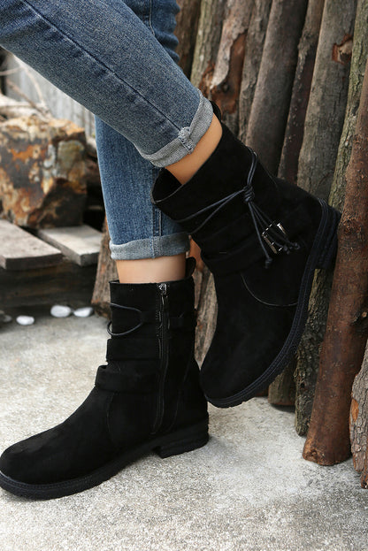 Faux Suede Zip Up Buckle Straps Ankle Boots