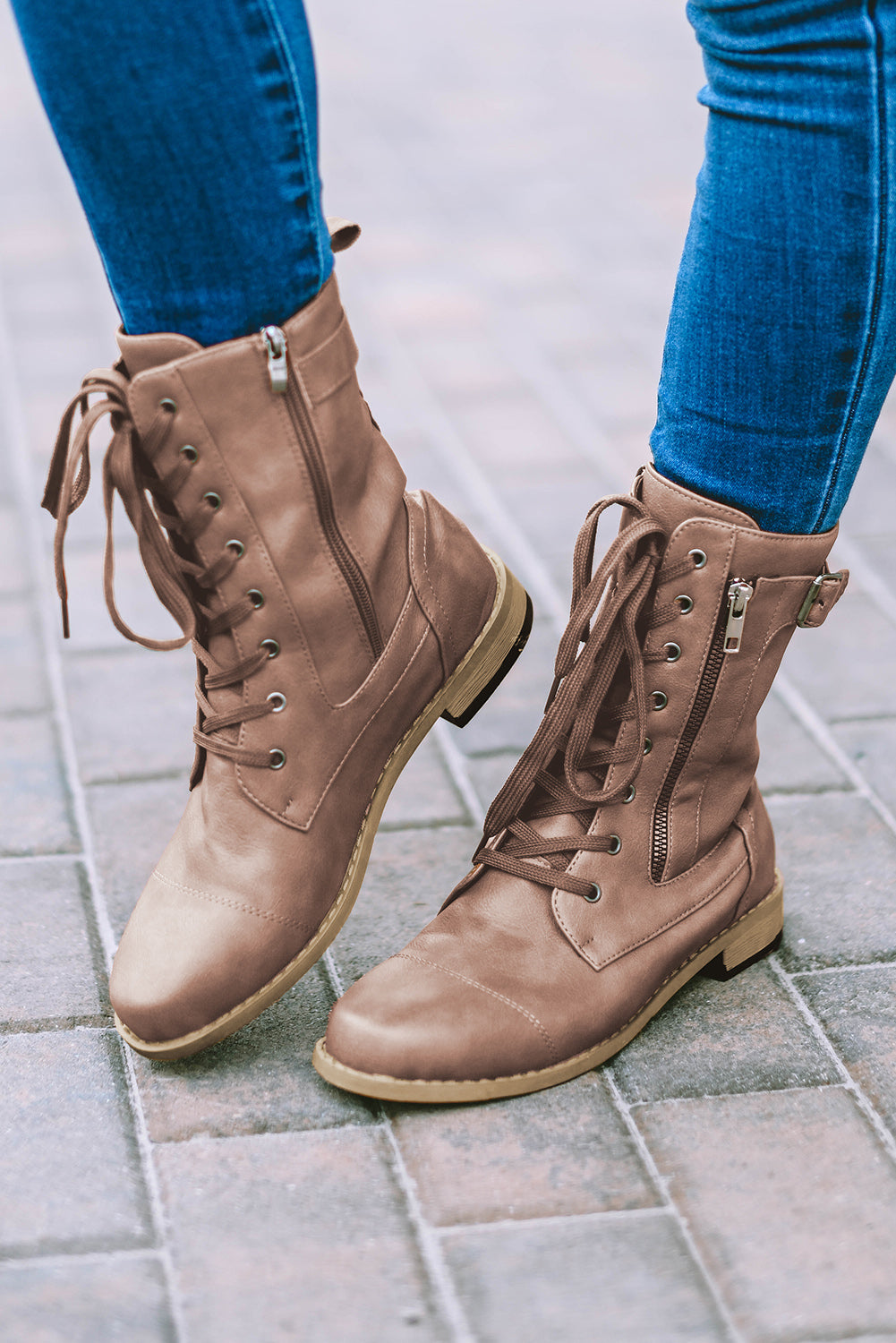 Chestnut Buckle Strap Zipper Decor Lace-up Leather Boots