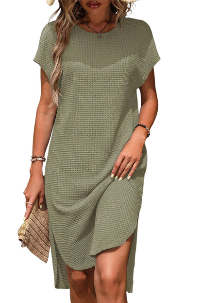 Jungle Green Batwing Sleeve Knit Curved Hem Dress