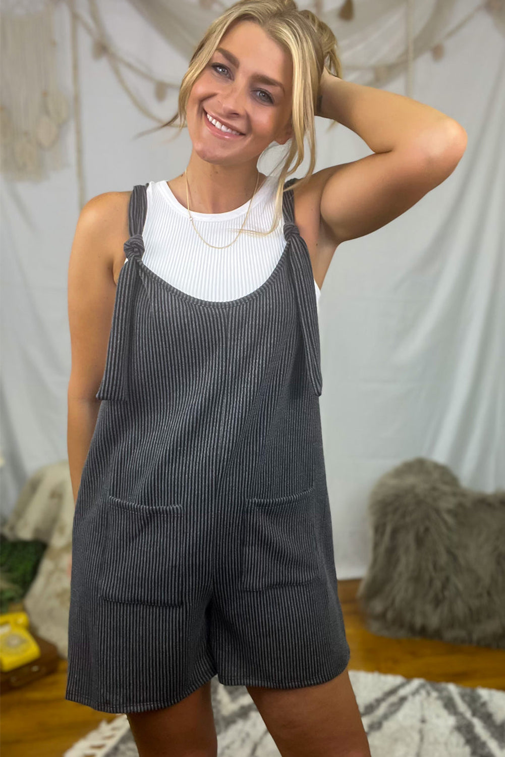 Dark Grey Ribbed Striped Knotted Straps Pocketed Romper